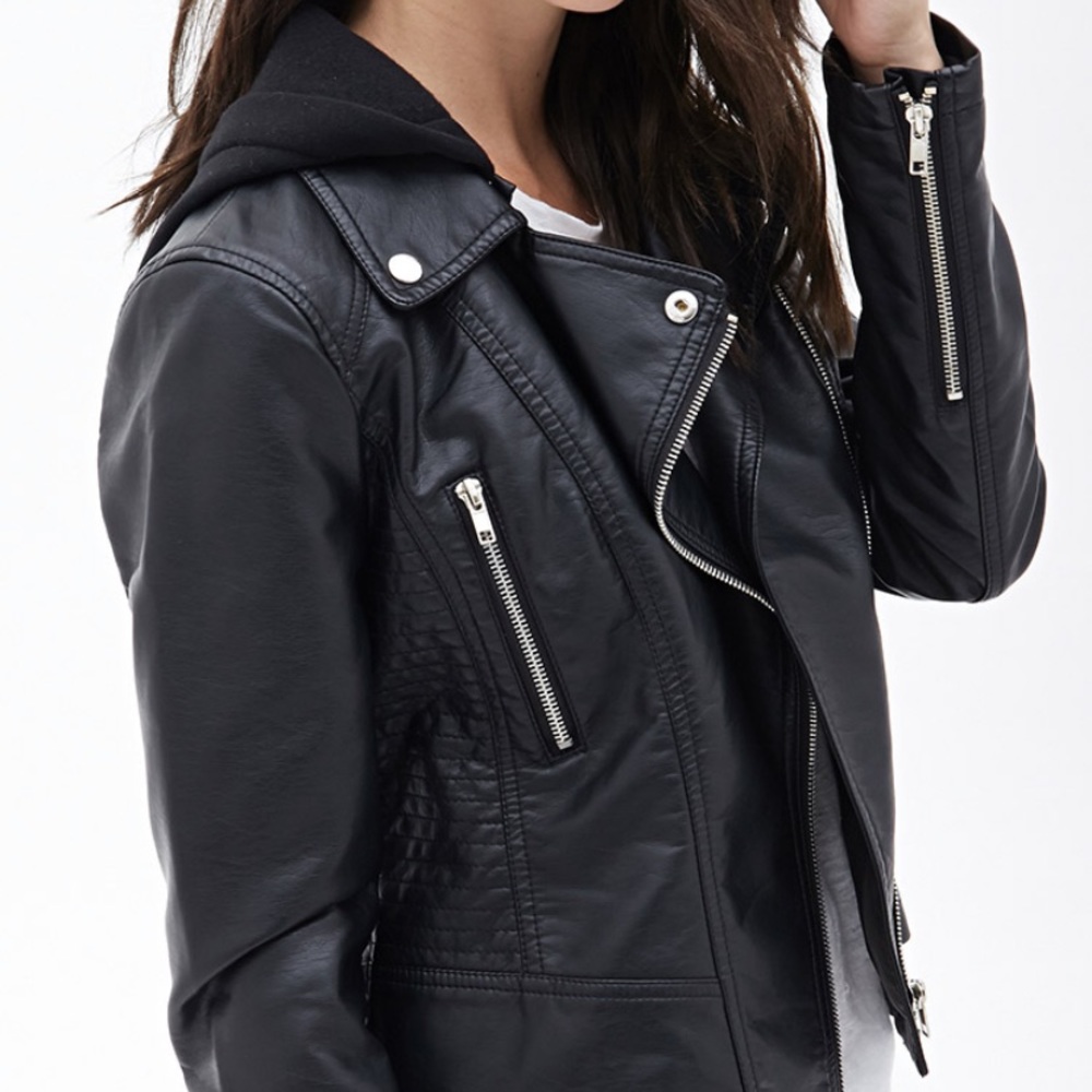Black Faux Leather Jacket w/ Hood